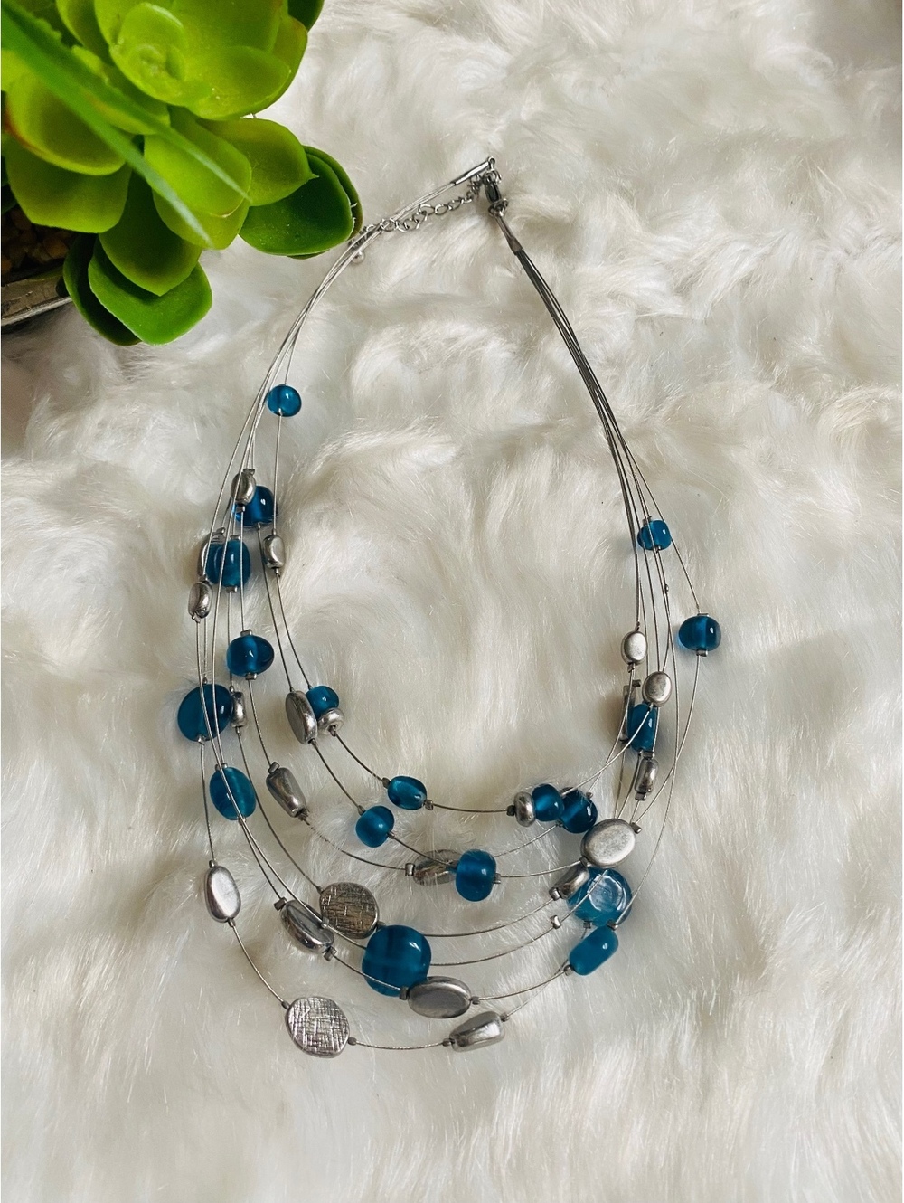 Lia Sophia Multi-Strand Blue and Silver Beaded Necklace